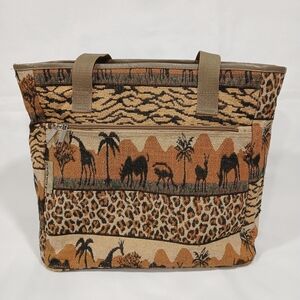 Vintage J Garden Large Safari Tapestry Tote Giraffe Antelope Monkey 14"X12"X5"